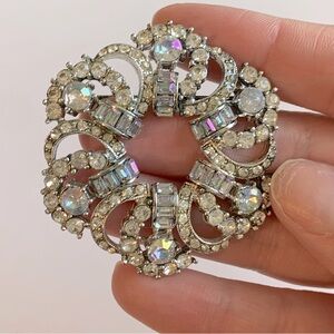 Vintage open work wreath brooch with ab rhinestones